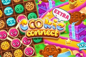 Színes sütiformákból álló játékfelület, vidám figurákkal és Cookie Connect feliratú logóval