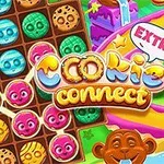 Színes sütiformákból álló játékfelület, vidám figurákkal és Cookie Connect feliratú logóval
