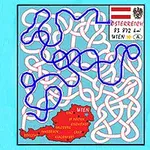 Osztrák zászlóval és címerrel díszített vonalvezetős labirintus térképpiros Ausztria-térképpen, Bécs feltüntetve