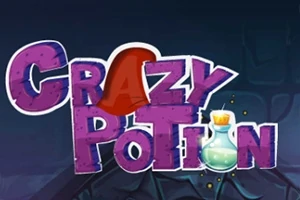 A Crazy Potion felirat színes betűkkel, a C betűn piros boszorkányszerű kalappal, háttérben sötét tónusú grafika