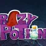 A Crazy Potion felirat színes betűkkel, a C betűn piros boszorkányszerű kalappal, háttérben sötét tónusú grafika