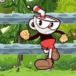 Egy rajzfilmfigura, piros rövidnadrágban és barna cipőben, erdei háttérrel