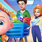 Egy boldog baba egy jól megpakolt bevásárlókocsival egy áruház sorai között, hátterében egy felnőtt pár látható