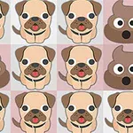 Rajzolt kutyafejek és rajzolt barna kaki emojik ismétlődő mintája váltakozó színű háttérrel