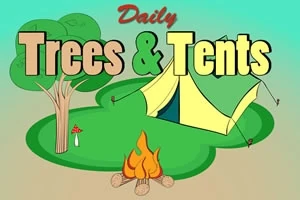 Fák és sátrak rajza tábortűzzel, valamint a Daily Trees & Tents felirat