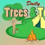 Fák és sátrak rajza tábortűzzel, valamint a Daily Trees & Tents felirat