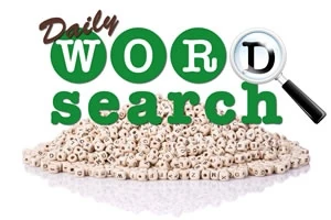 A képen egy halom világos színű betűkocka látható, fölöttük a Daily WORD search felirat nagyítóval