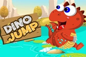 Piros rajzfilm dinoszaurusz úszik egy kék vízben zöld leveleken állva, háttérben hegyekkel és sárga fákkal, mellette fa tábla a Dino Jump felirattal