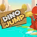 Piros rajzfilm dinoszaurusz úszik egy kék vízben zöld leveleken állva, háttérben hegyekkel és sárga fákkal, mellette fa tábla a Dino Jump felirattal