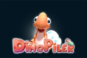 Narancssárga dinoszauruszbébi mosolyog egy tojás mellett, sötét háttér előtt, alul a DinoPiler felirattal