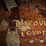 Ókori egyiptomi stílusú falra festett alakok és az Discover Egypt felirat