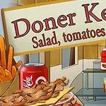 Egy doner kebab étel reklámja sült krumplival, üdítővel, és különféle szószokkal egy kiszolgáló pultnál