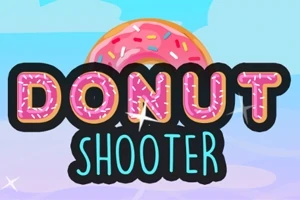 Egy rózsaszín, szórócukorkás fánk illusztrált háttér előtt, DONUT SHOOTER felirattal