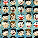 Rajzfilmfigurák arcai ismétlődnek kék háttérrel
