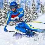Síelő kék ruhában, havas hegyi tájon nagy sebességgel síel