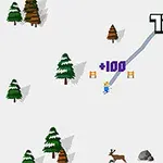 Egy pixelgrafikás síelő halad le a havas lejtőn fenyőfák és egy szarvas mellett, miközben pontszám jelenik meg