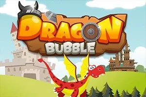 Piros sárkány repül a zöld mező felett, háttérben várak és a fenti Dragon Bubble felirat látható