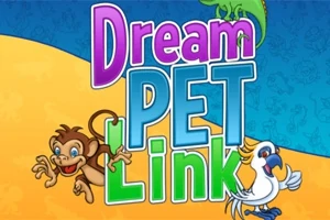 Egy rajzfilmszerű majom és papagáj vesz körül nagy színes Dream Pet Link feliratot kék és sárga háttérrel