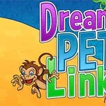 Egy rajzfilmszerű majom és papagáj vesz körül nagy színes Dream Pet Link feliratot kék és sárga háttérrel