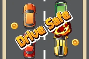 Autópályán haladó színes autók, aranyérmék és a Drive Safe felirat