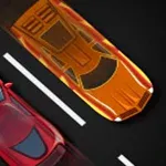 Két autó halad egymás mellett egy úton: egy piros és egy narancssárga autó fekete háttér előtt