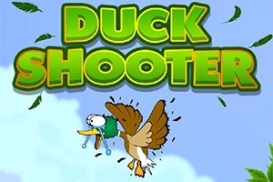 Egy rajzfilm stílusú kacsa, amelyet levelek vesznek körül, a DUCK SHOOTER felirat alatt