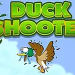 Egy rajzfilm stílusú kacsa, amelyet levelek vesznek körül, a DUCK SHOOTER felirat alatt