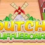 Színes logó egy szélmalommal, tehénnel és vidéki tájjal, Dutch Shuffleboard felirattal