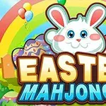 Húsvéti nyúl rajza színes tojásokkal és szivárvánnyal a háttérben, a Easter Mahjongg felirat alatt