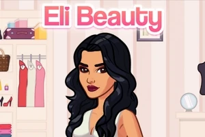 Egy rajzolt nő hosszú fekete hajjal és fehér ruhában áll, háttérben egy gardrób és a Eli Beauty felirat