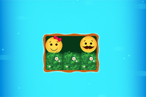 Két mosolygós sárga emoji, egyik masnival a fején, másik bajusszal, zöld fűben, fehér virágokkal körülvéve, kék háttér előtt