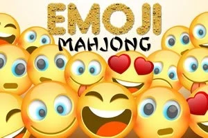 Különböző érzelmeket kifejező sárga emojik színes háttérrel és az Emoji Mahjong felirattal
