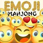Különböző érzelmeket kifejező sárga emojik színes háttérrel és az Emoji Mahjong felirattal