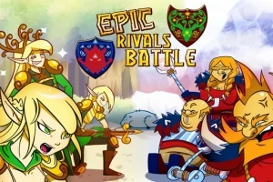 Rajzfilmszerű tündék és törpék összecsapása színes és dinamikus háttér előtt, pajzsok és az EPIC RIVALS BATTLE felirat mellett