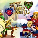 Rajzfilmszerű tündék és törpék összecsapása színes és dinamikus háttér előtt, pajzsok és az EPIC RIVALS BATTLE felirat mellett