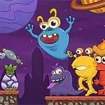 Színes, rajzfilmszerű idegen lények egy platformos tájképen űrbeli háttérrel