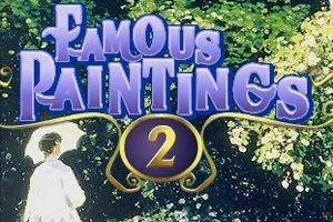 Egy búzatáblánál álló, napernyős személy látképe, a Famous Paintings 2 felirattal