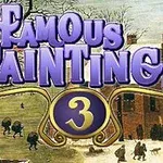Lila és arany színekből álló „Famous Paintings 3” felirat egy téli táj felett, ahol emberek sétálnak hóborította utcán