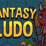Két rajzolt figura, egy harcos és egy démon, a Fantasy Ludo feliratot keretezi