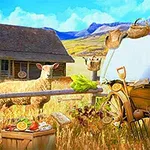 Egy vidéki táj kunyhóval, báránnyal, szalmabálákkal, és különféle terményekkel