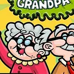 Két vidám, rajzfilmszerű nagyszülő színes háttér előtt, felemelt karokkal és evőeszközökkel