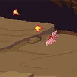 Egy pixeles grafikájú sárkány repül egy földalatti barlangban, miközben körülötte tűzcsóvák láthatók