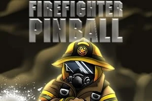 Tűzoltó védőruhában áll, mellette Firefighter Pinball felirat található