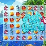 Színes tengeri témájú játéktábla aranyhalakkal, kagylókkal és tengeri csikókkal trópusi háttér előtt Fish World felirattal
