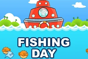 Piros hajó úszik a tengeren halakkal körülvéve, háttérben fák és felhők láthatók, alul pedig a Fishing Day felirat szerepel