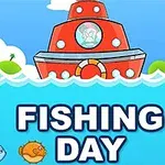 Piros hajó úszik a tengeren halakkal körülvéve, háttérben fák és felhők láthatók, alul pedig a Fishing Day felirat szerepel