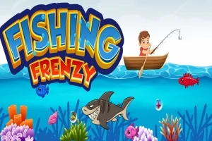 Rajzfilm stílusú kép egy horgászó gyerekkel csónakban, színes halakkal és cápával a víz alatt, valamint feltűnő Fishing Frenzy felirattal
