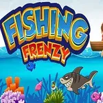 Rajzfilm stílusú kép egy horgászó gyerekkel csónakban, színes halakkal és cápával a víz alatt, valamint feltűnő Fishing Frenzy felirattal