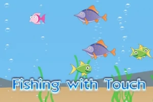 Rajzolt halak úsznak a víz alatt buborékok és hínárok között, alul Fishing with Touch szöveggel