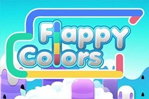 Színes, buborékszerű Flappy Colors felirat kék háttér előtt, színes csövekkel körülvéve, felhőkön és hegyeken